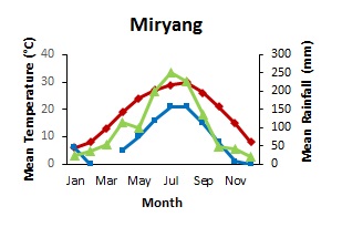 graph showing monthly rainfall and mean temperature through the year of 2015 in the city of miryang