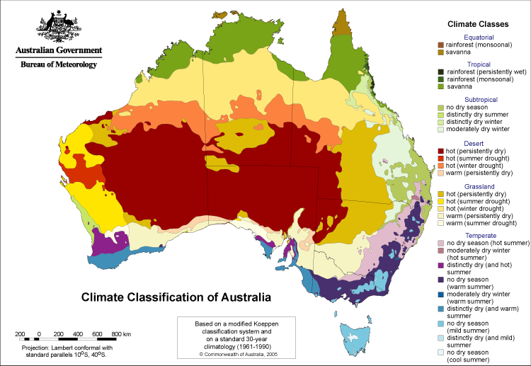the different climate classes across australia are highlighted. there are six climatic classes, these being: - equatorial (far northern most region of queensland and northern territory) - tropical (costal areas and northern parts of western australia, norhtern territory and queensland) - subtropical (eastern coast of queendland and nothern new south wales) - desert (centeral part of australia spanning across western australia, south australia, northern territory, queensland and new south wales) - grassland (sourrounding the dessert areas) - temperate (eastern coast of new south wales, most of victoria, tasmania, southern edge of south australia and western australia. 